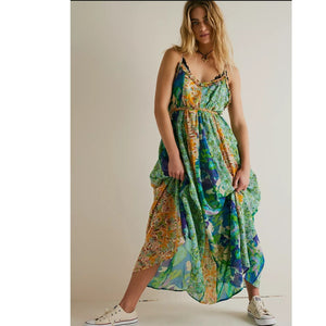 New Free People Moondive Maxi Dress $168 X-SMALL Green Combo BOHEMIAN