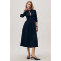 Black long-sleeve twofer midi dress with henley placket and gathered waist