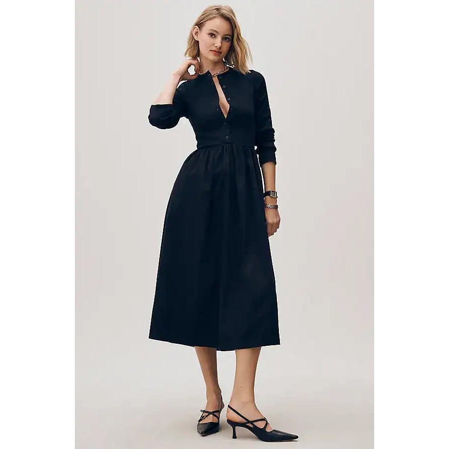 Black long-sleeve twofer midi dress with henley placket and gathered waist