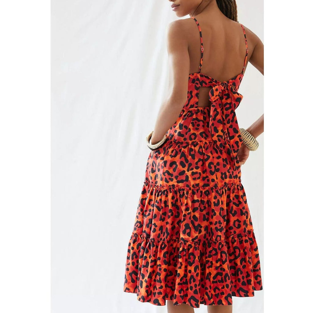 New Anthropologie by Geisha Leopard Tiered Midi Dress $198 MEDIUM Orange Motif