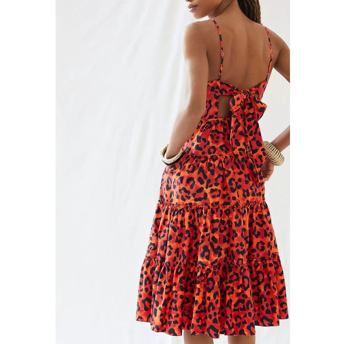 New Anthropologie by Geisha Leopard Tiered Midi Dress $198 MEDIUM Orange Motif