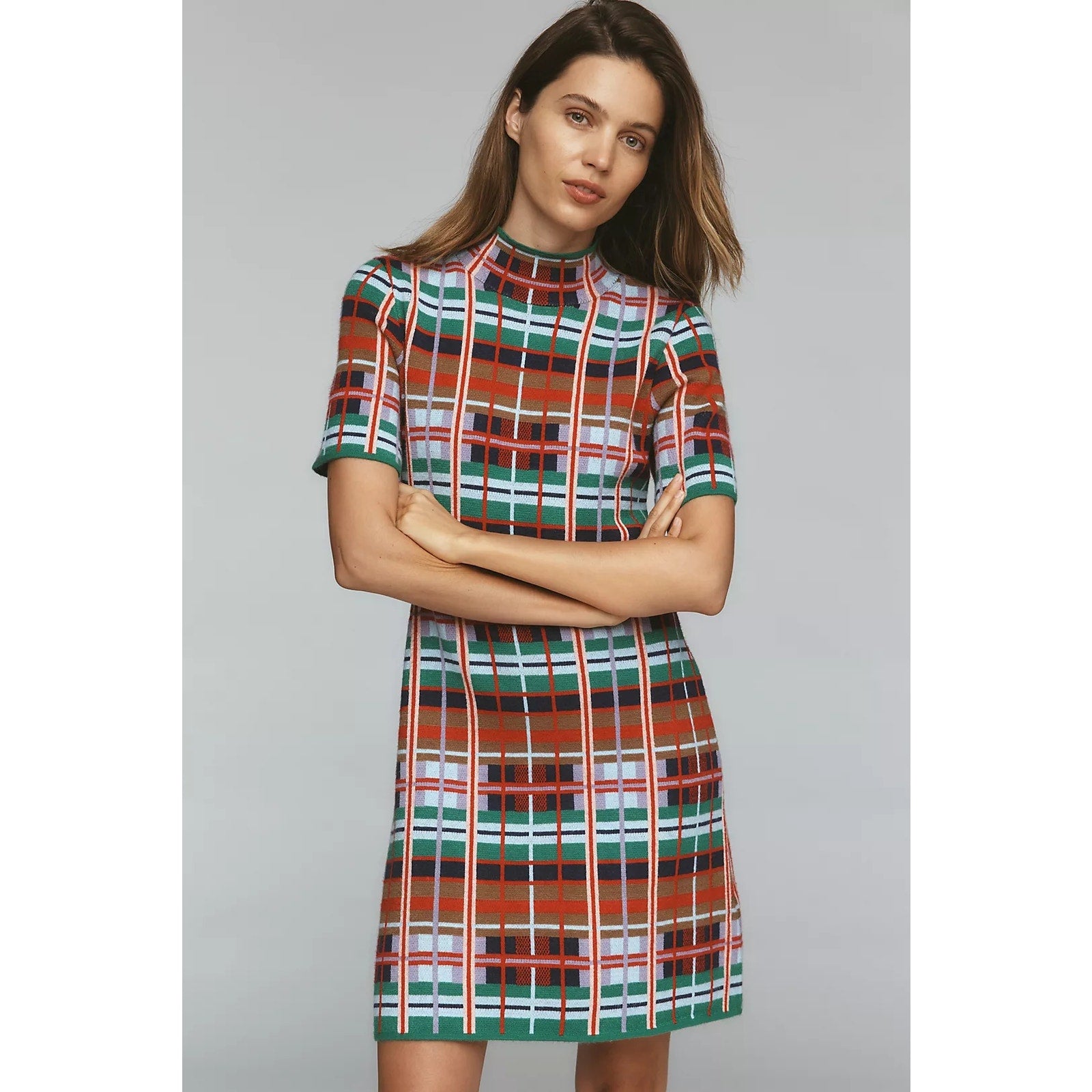 By Anthropologie Mock-Neck Short-Sleeve Mini Shift Dress Small Multi Plaid Anthropologie