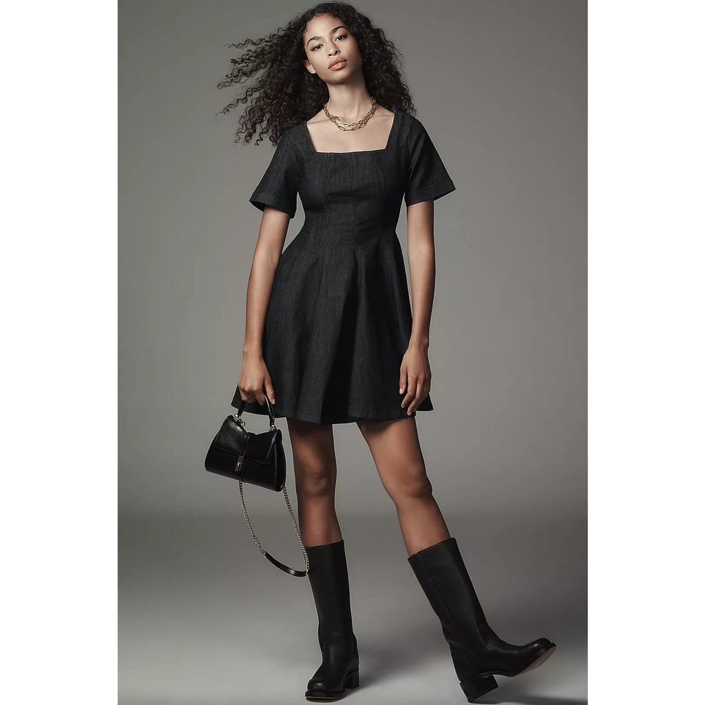 Anthropologie Pilcro Short-Sleeve Square-Neck Denim Mini Dress $148 SMALL