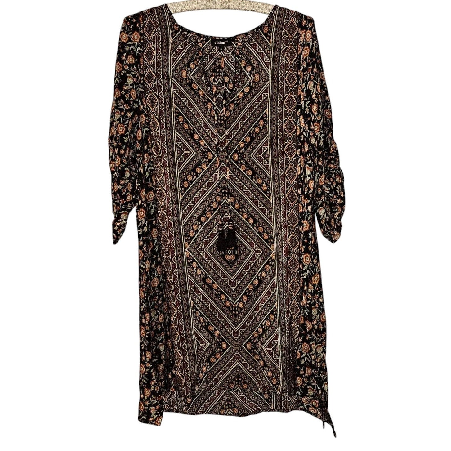 New Tolani Ruched Sleeve Silk Dress Size Small Tasseled Tie-neck