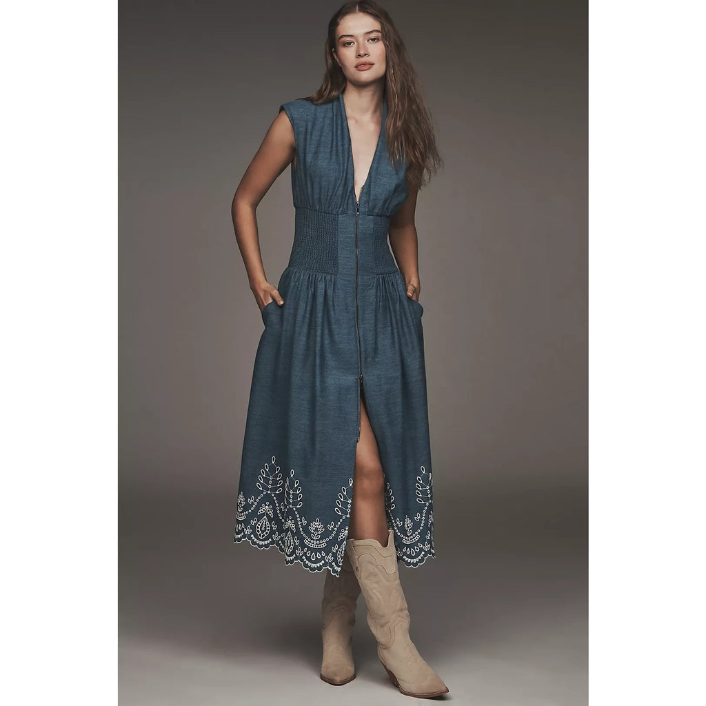 Anthropologie The Tommie Denim Eyelet Trim Midi Dress SMALL BLUE Anthropologie