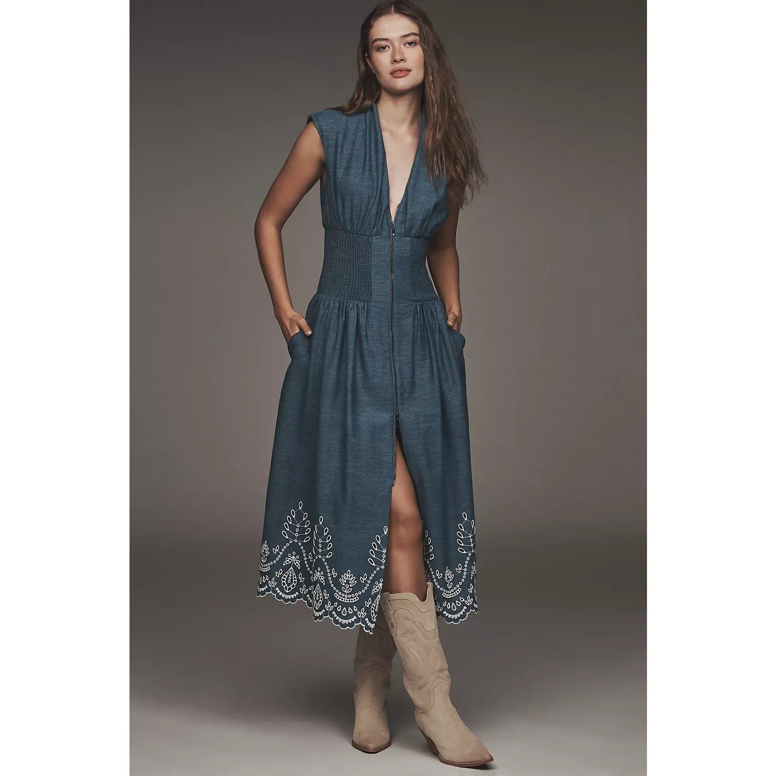 Anthropologie The Tommie Denim Eyelet Trim Midi Dress SMALL BLUE Anthropologie
