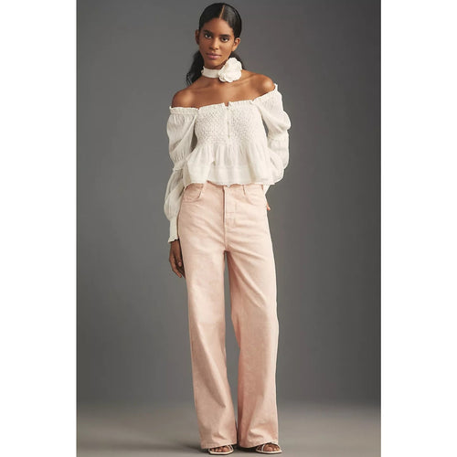 Light pink high-rise wide-leg jeans with front button and belt loops
