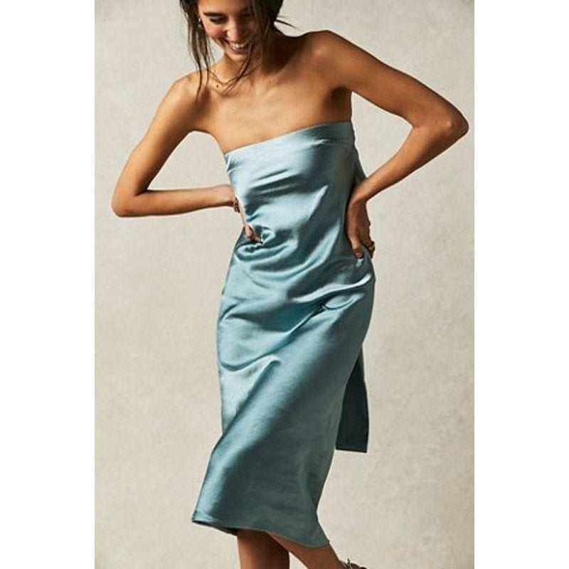 New FREE PEOPLE Third Form Satin Tie Back Strapless Dress $280 SIZE 10 Blue Midi