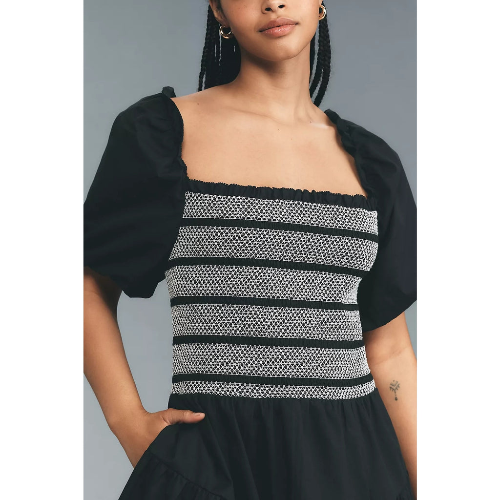 By Anthropologie Puff-Sleeve Square-Neck Smocked Mini Dress SMALL Black Anthropologie