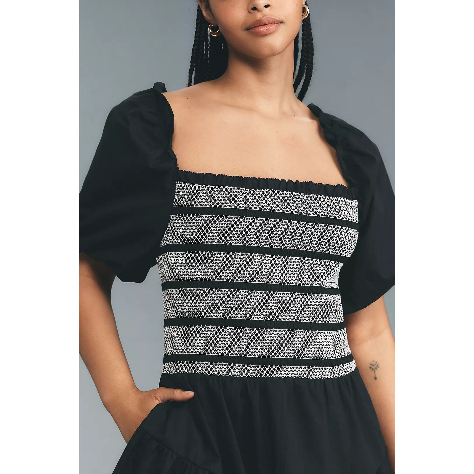 By Anthropologie Puff-Sleeve Square-Neck Smocked Mini Dress SMALL Black Anthropologie