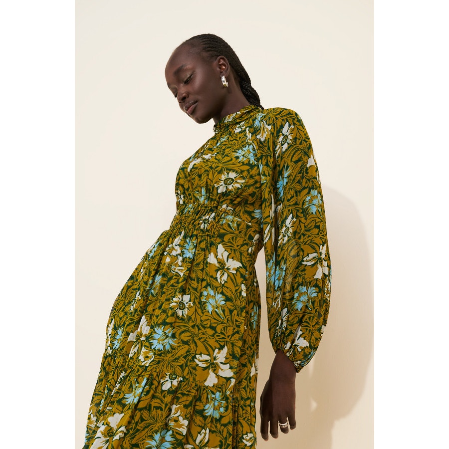 Long-sleeve chiffon maxi dress with mock neck and floral print, flowing silhouette