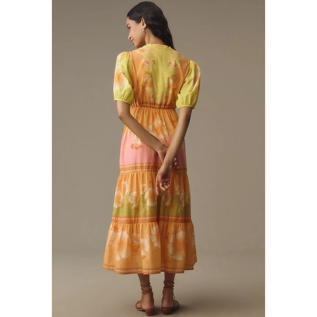 New Farm Rio x Anthropologie Short-Sleeve Tiered Midi Dress $238 XXS Yellow