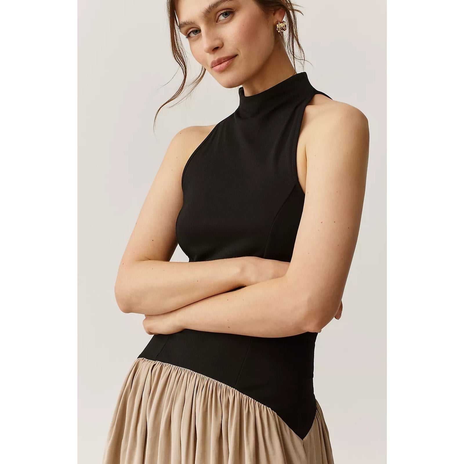 Anthropologie Maeve Mariana Drop-Waist Maxi Dress LARGE Black & Tan Anthropologie