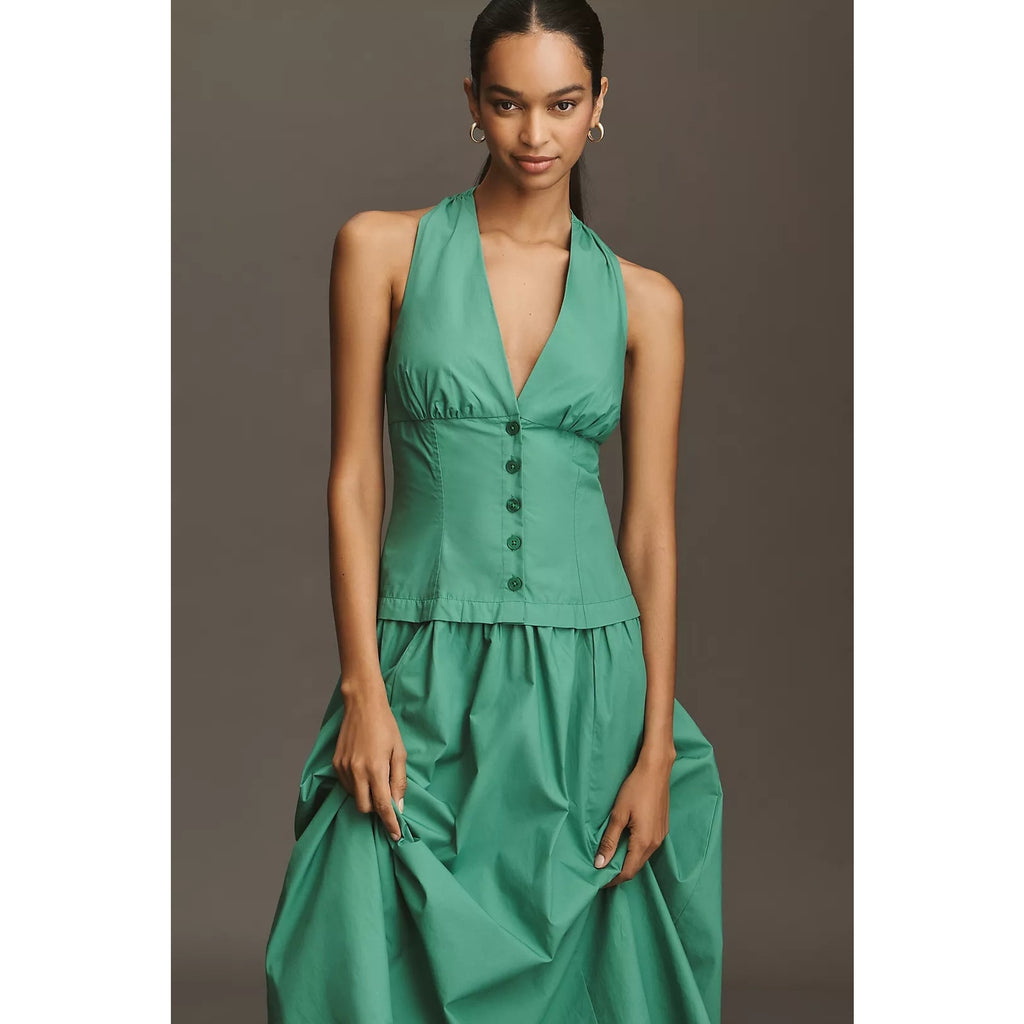 Anthropologie Maeve Halter V-Neck Drop-Waist Midi Dress SMALL Green Anthropologie