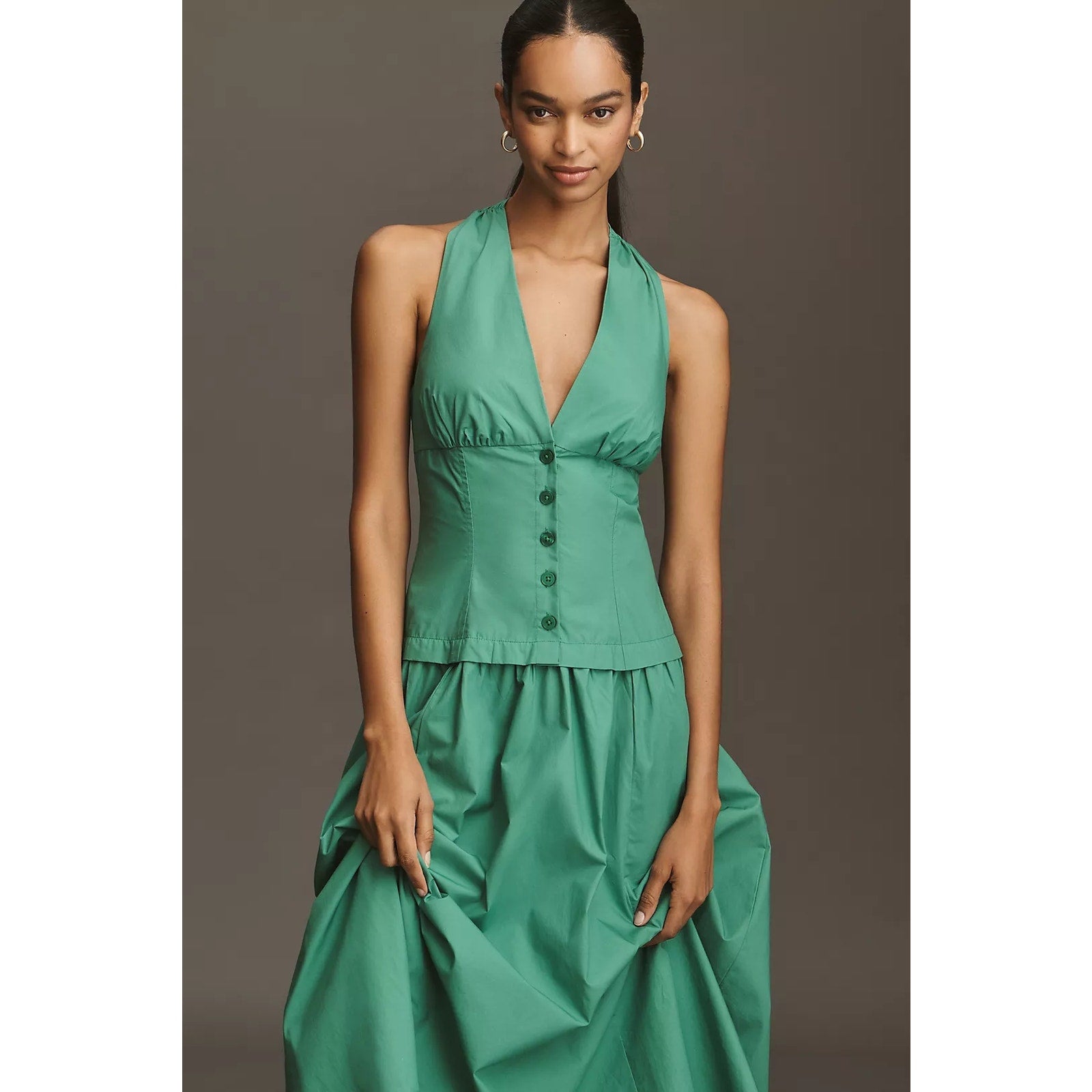 Anthropologie Maeve Halter V-Neck Drop-Waist Midi Dress SMALL Green Anthropologie