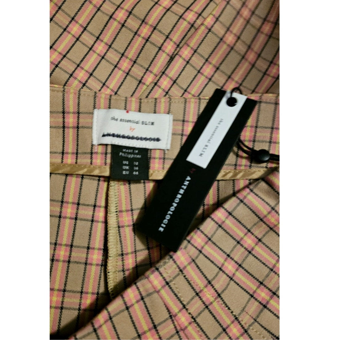 New Anthropologie The Essential Slim Plaid Trousers $98 Size 12 Pink and Tan