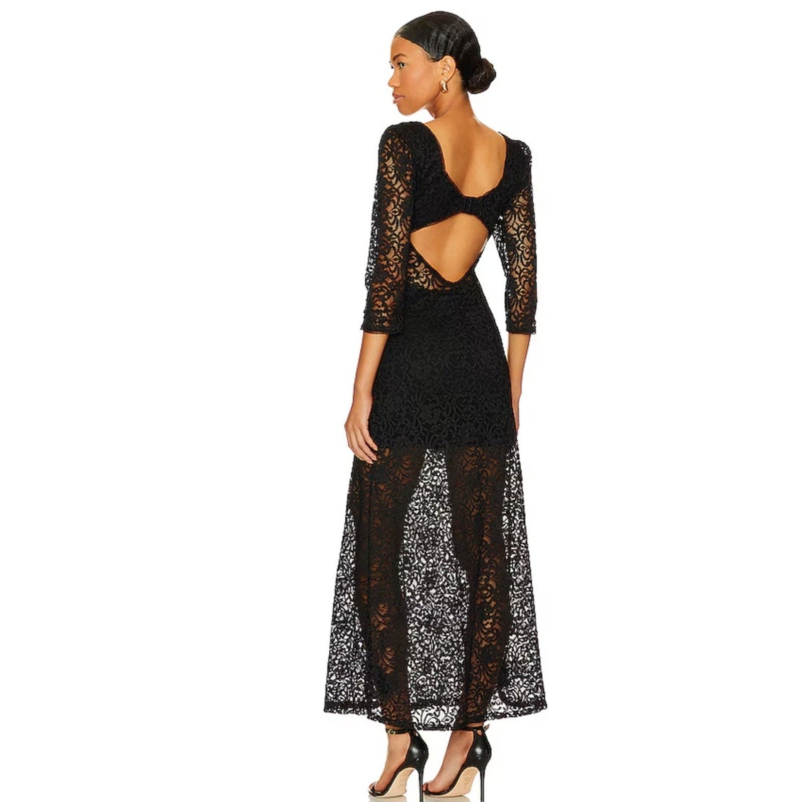 New FREE PEOPLE Adored Maxi Dress LACE $198 MEDIUM Black Sheer Lace Semi Lined