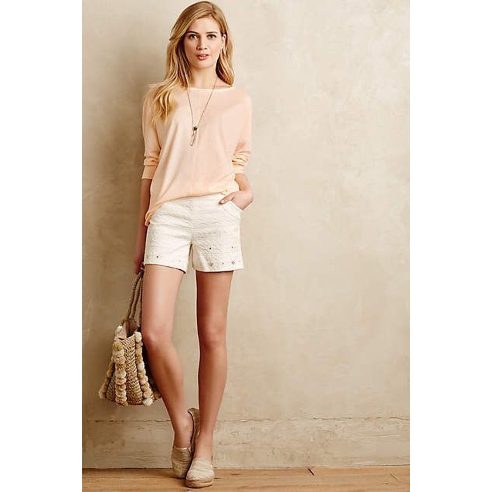 New Anthropologie Elevenses Beyza Embellished Shorts Size 10 Ivory Textured