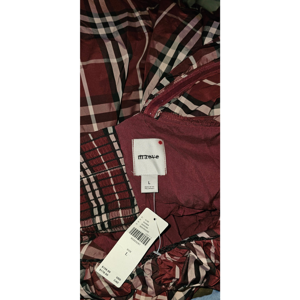 Maeve plaid dress fabric with tags, maroon and cream woven check and barcode