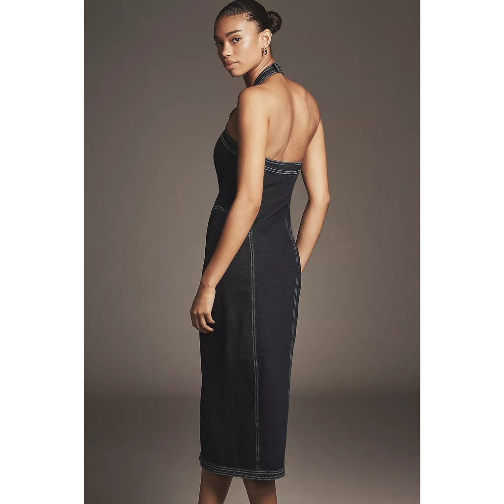 Anthropologie Pilcro Front-Zip Halter Denim Midi Dress SMALL Dark Blue Anthropologie