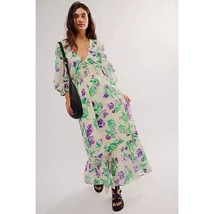 New Free People Golden Hour Floral Maxi Dress $168  X-SMALL Purple Green Boho