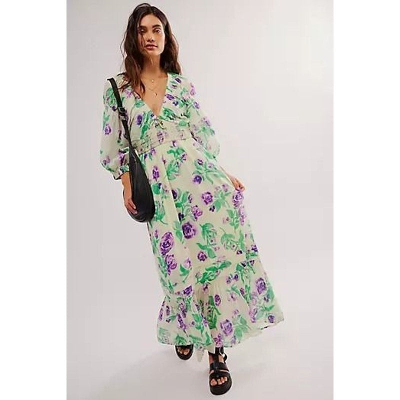 New Free People Golden Hour Floral Maxi Dress $168  X-SMALL Purple Green Boho