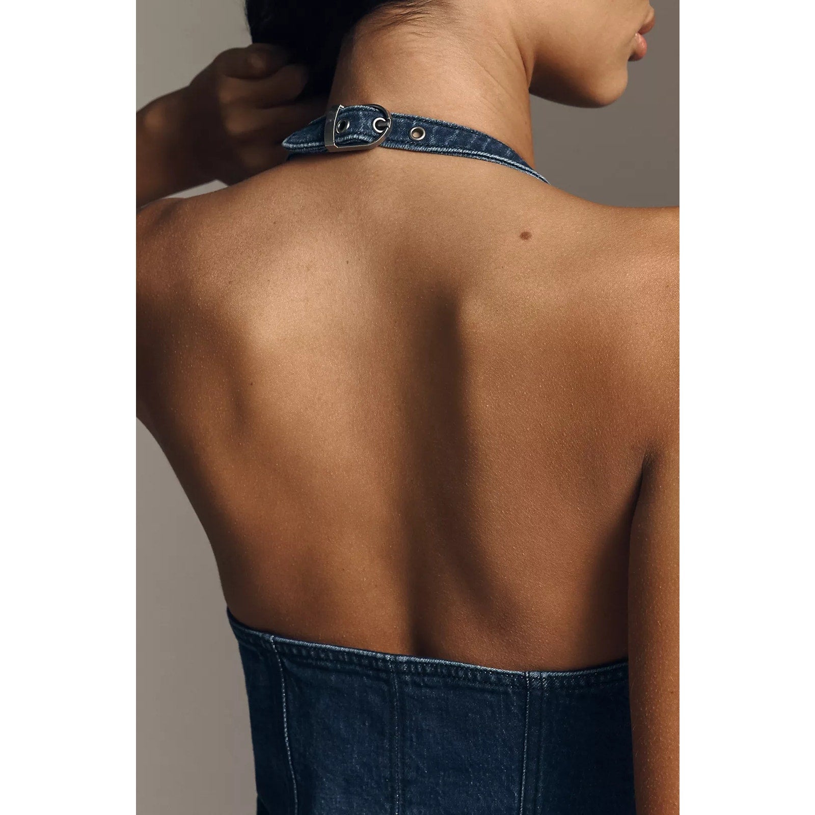 New Anthropologie Pilcro Zip-Front Denim Halter Midi Dress $168 MEDIUM Dark Blue Anthropologie