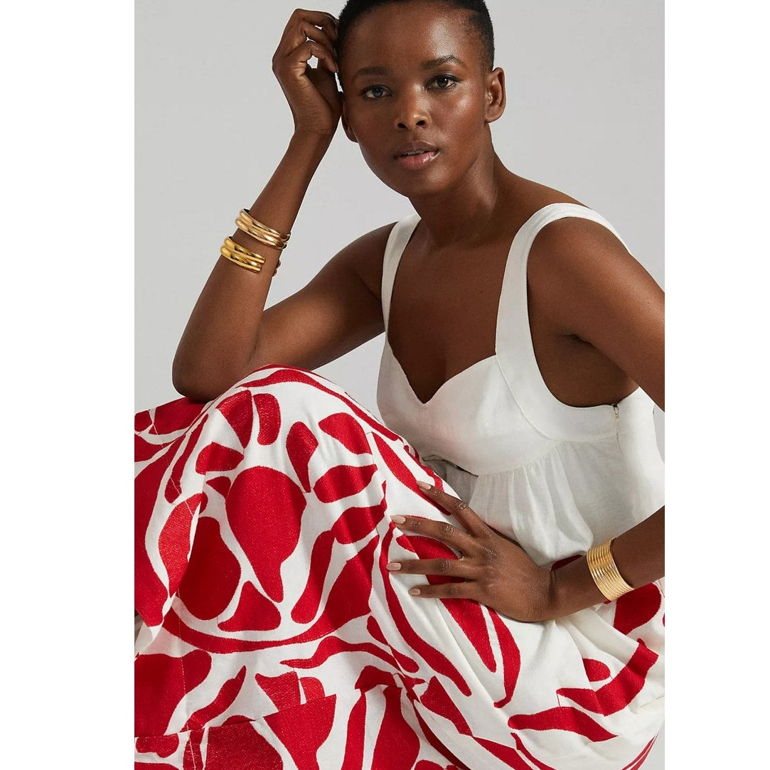 Anthropologie Front Cutout Maxi Dress $248 MEDIUM Red Motif EMBROIDERED