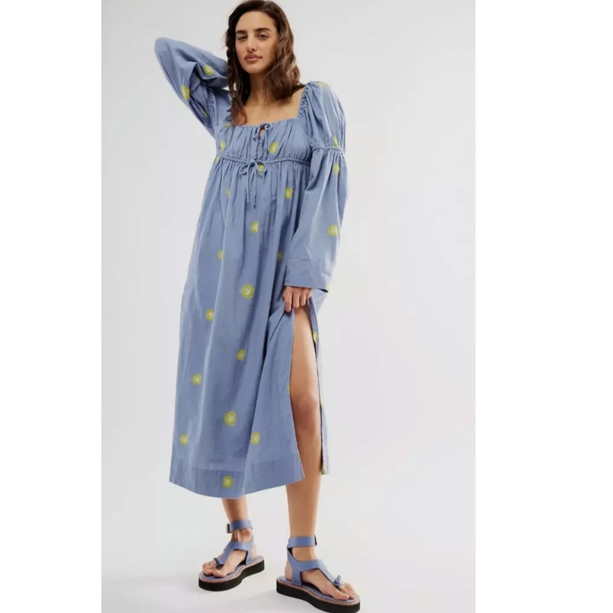 Free People Emory Embroidered Midi Dress X-SMALL Blue Long-Sleeve Free People