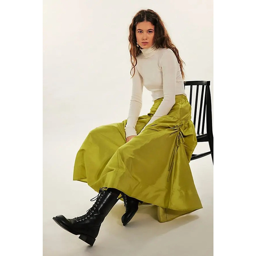 FREE PEOPLE Emery Drop-Waist Midi Skirt LARGE Lentil Sprout Elastic Free People
