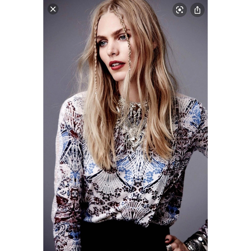 New Free People Snow Combo Long Sleeve Tulip Top $88 Small Boho Lace Applique