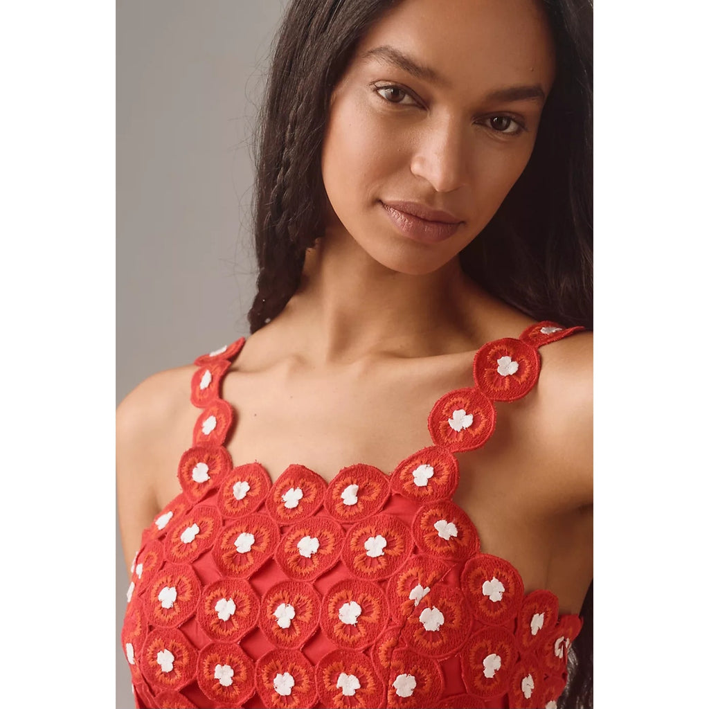 Anthropologie Maeve Crochet Halter Poplin Midi Dress $228 SIZE 8 Red