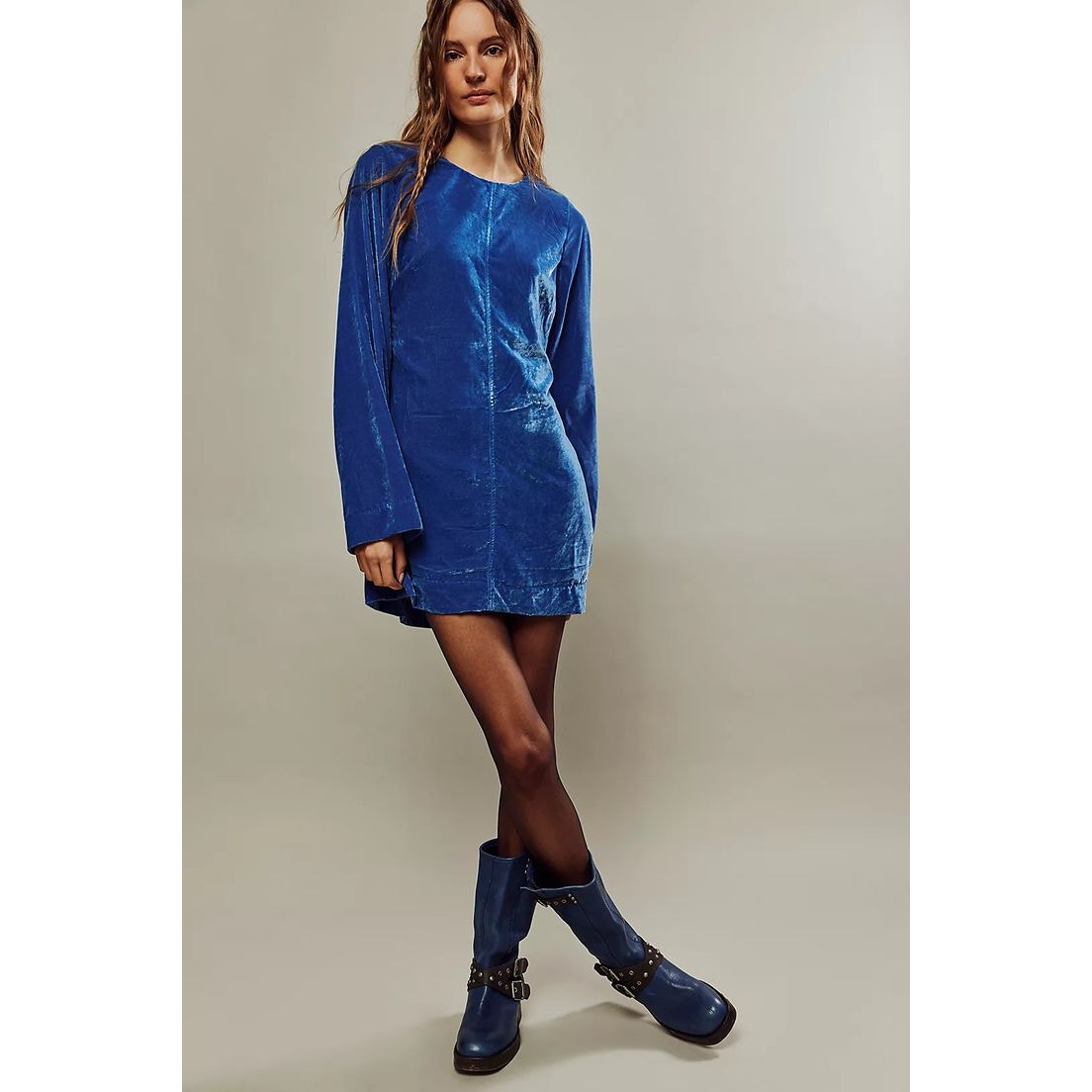 Free People Chelsey Mini Dress VELVET X-SMALL BLUE Open Back LongSleeve Free People