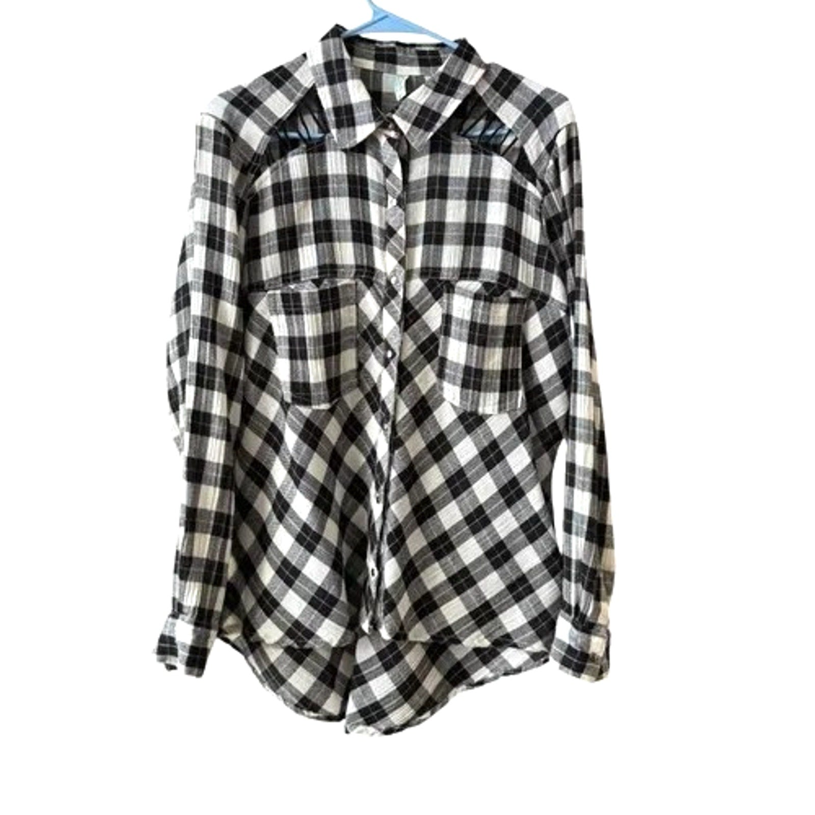 New Free People Plaid Lace Up Shoulder Snap Long Sleeve Top in B&W $108 Small