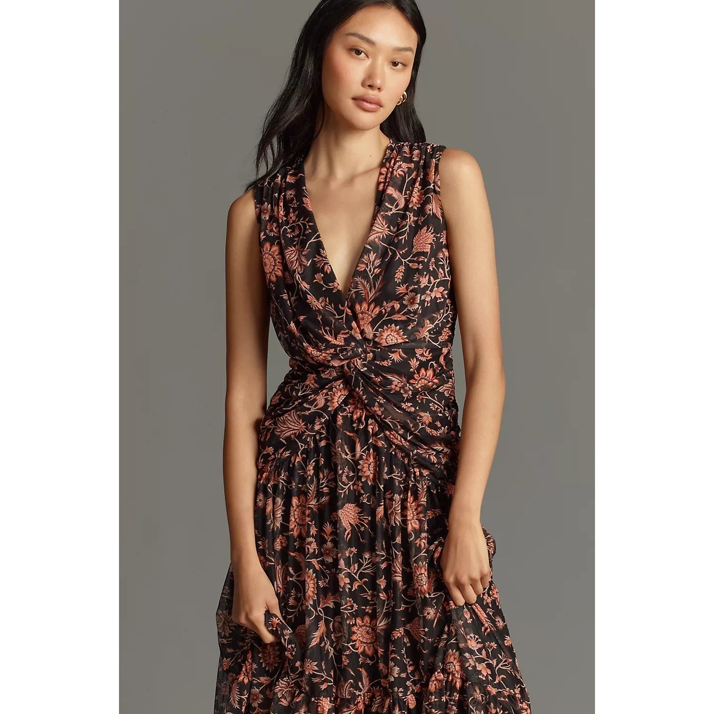 New ANTHROPOLOGIE 4SI3NNA V-Neck Sleeveless Midi Dress $148 SMALL Floral Black