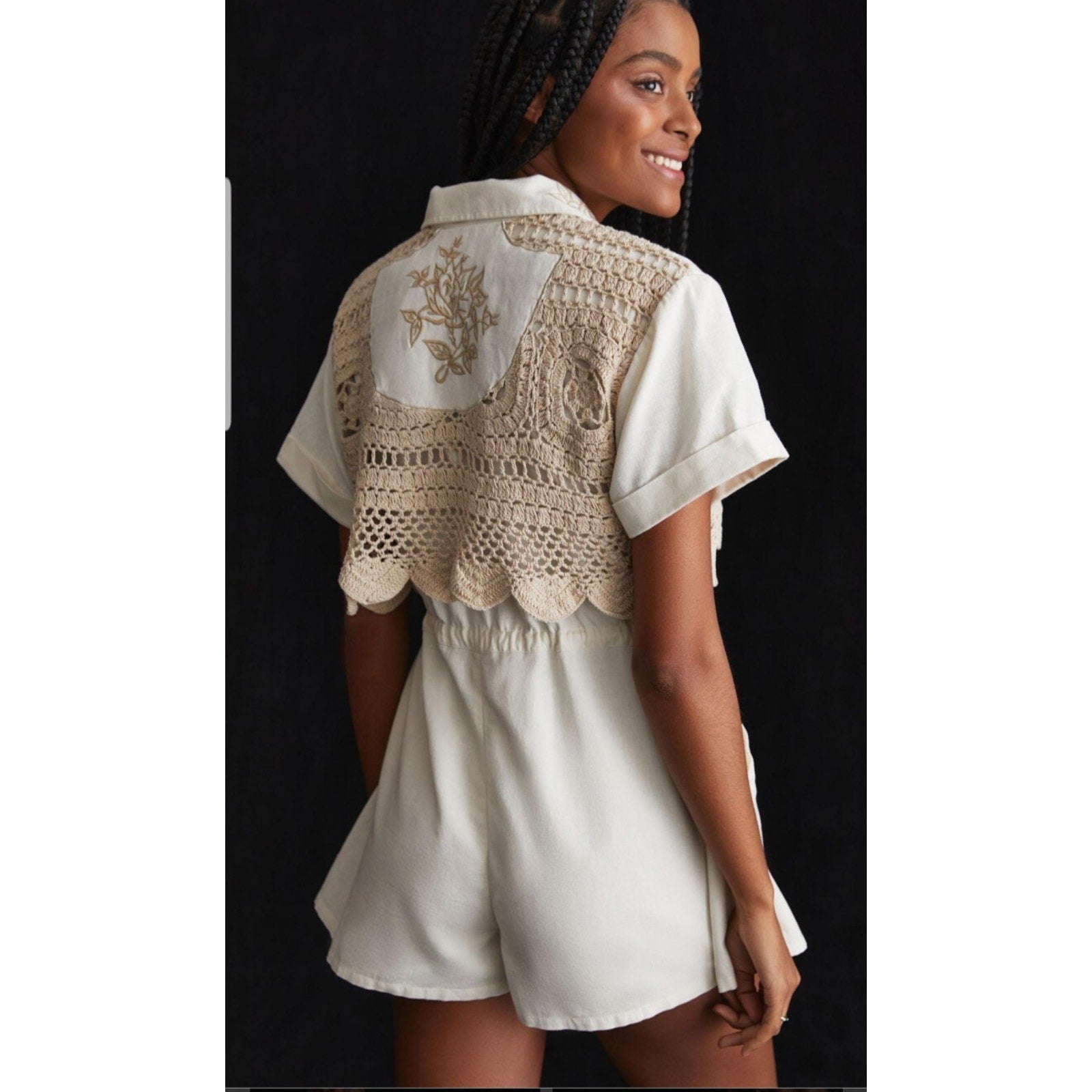 NEW Anthropologie Cotton Crocheted Romper Size 4 Linen Blend