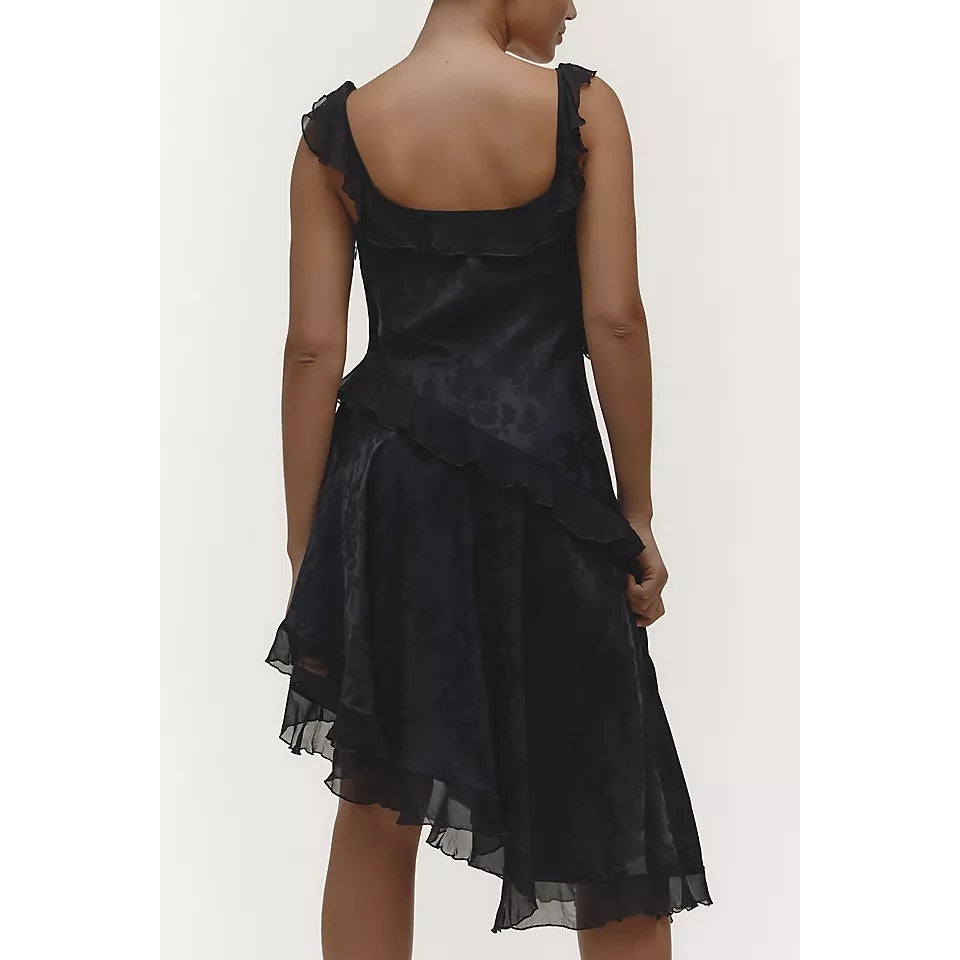 New By Anthropologie V-Neck Ruffle Asymmetric Midi Dress $168 X-SMALL Black