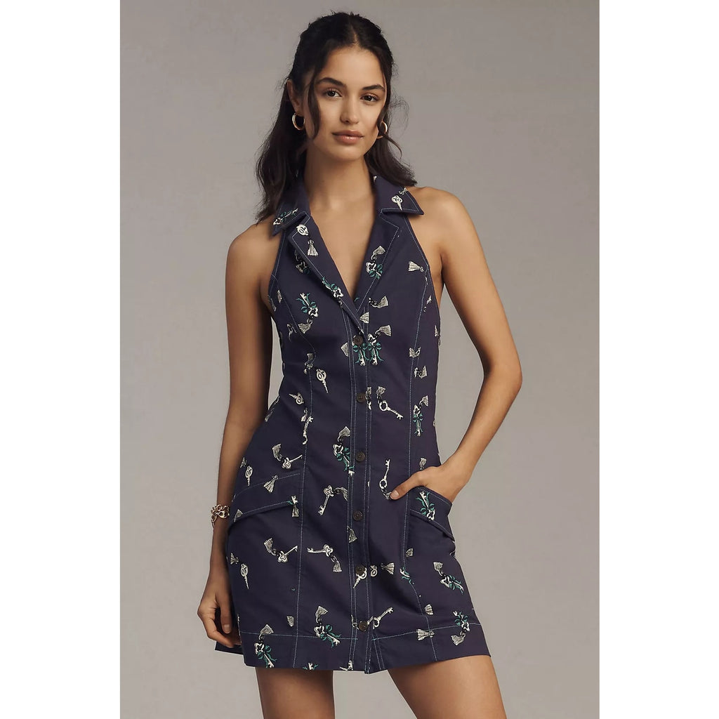ANTHROPOLOGIE The Amelia Collared Mini Dress by Maeve X-LARGE Navy Anthropologie
