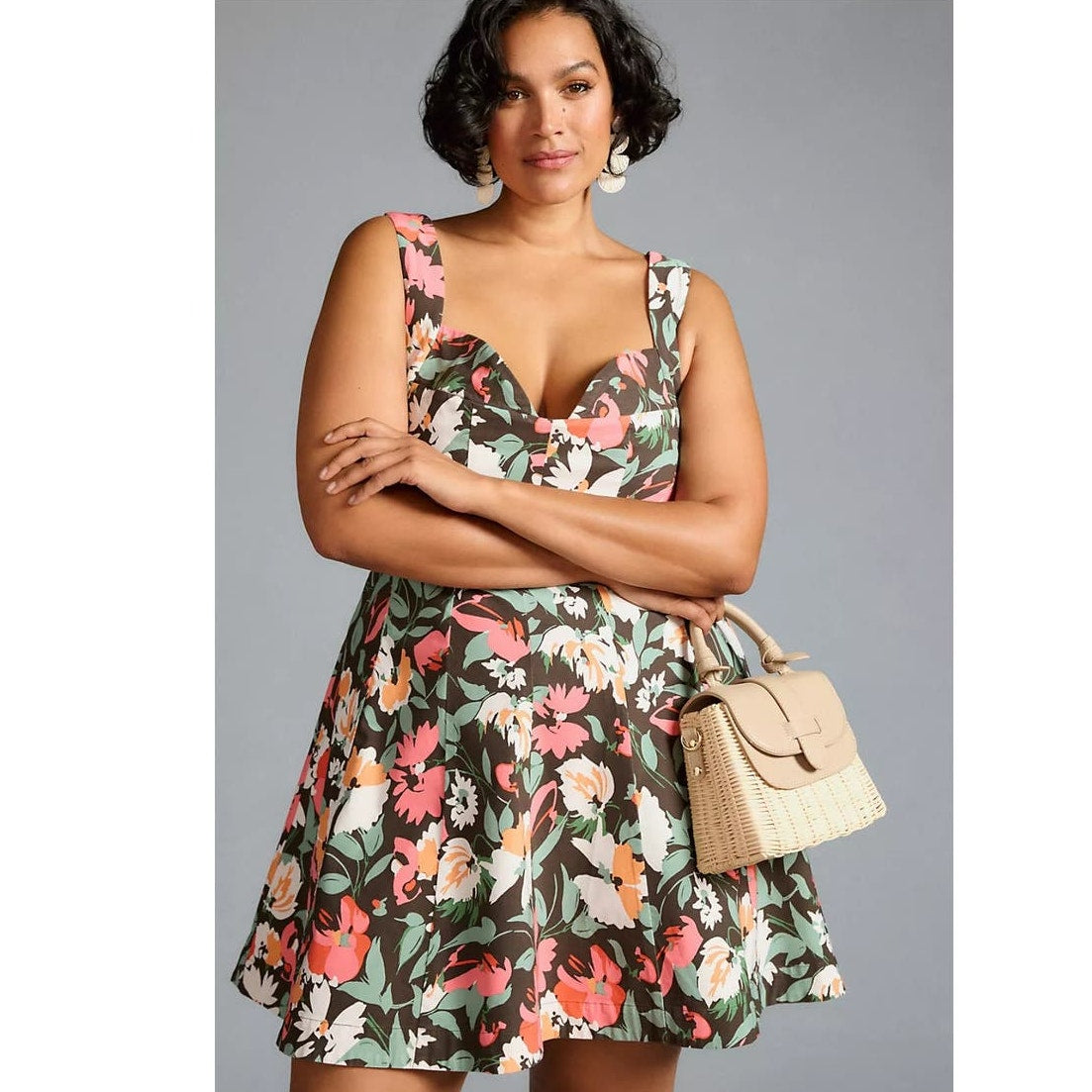 New Anthropologie Sweetheart Floral Mini Dress $180 MEDIUM Black Motif Stretchy