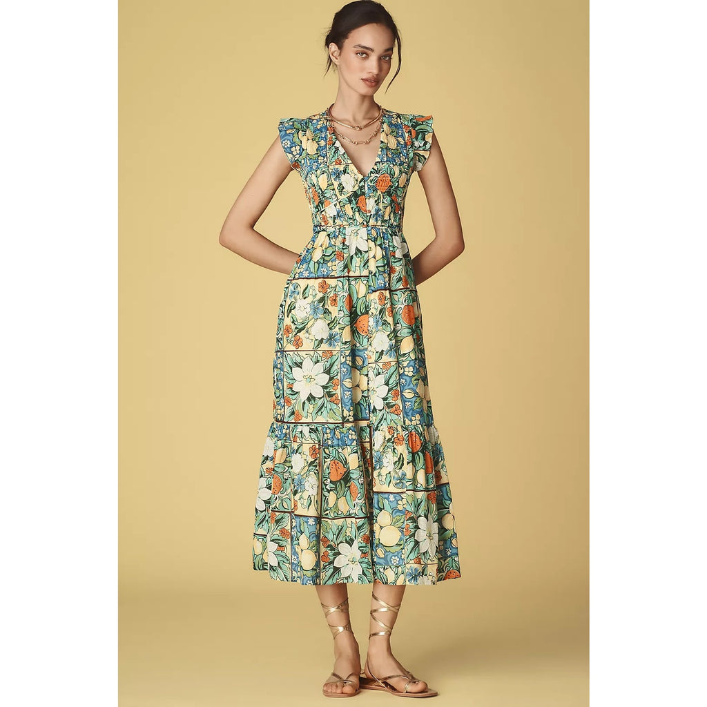 Anthropologie The Peregrine Midi Dress XXS Size 00 Floral Fruit Motif Anthropologie