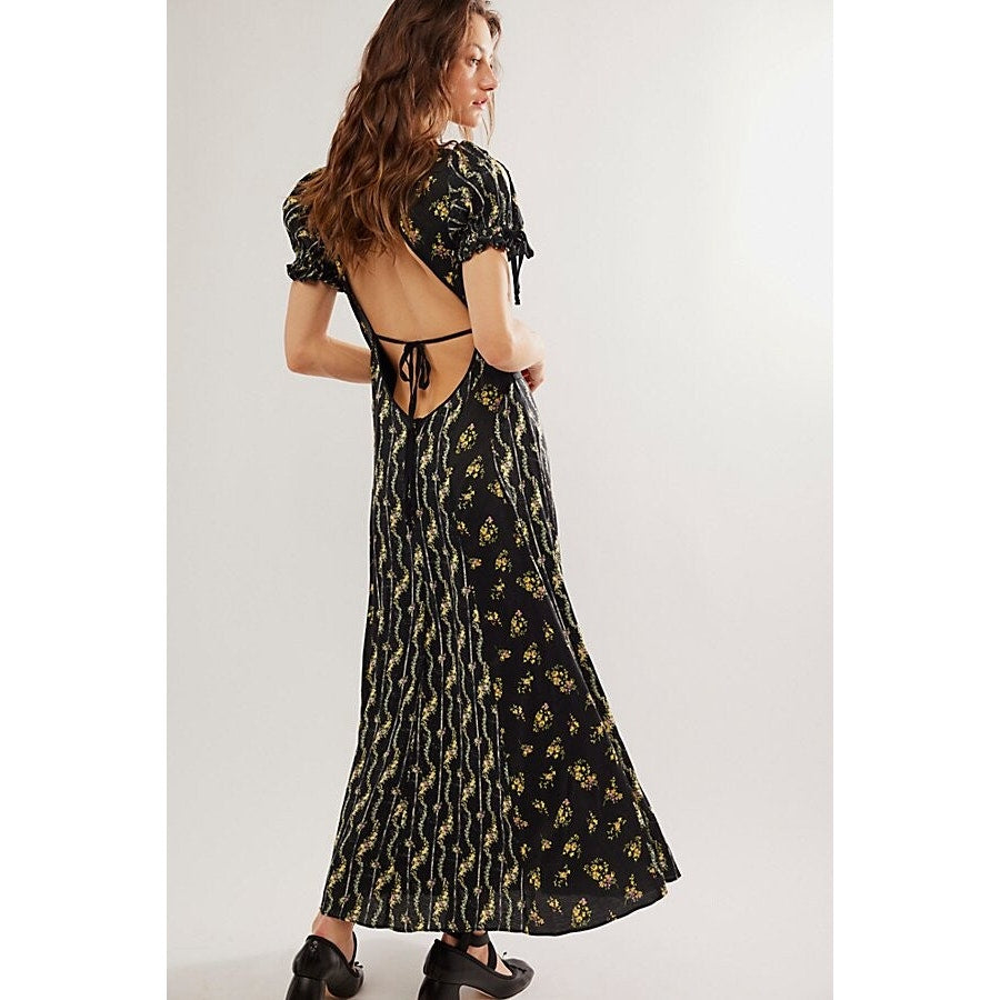 New FREE PEOPLE Magdalena Floral Midi Dress $198 SIZE 0 Black Combo