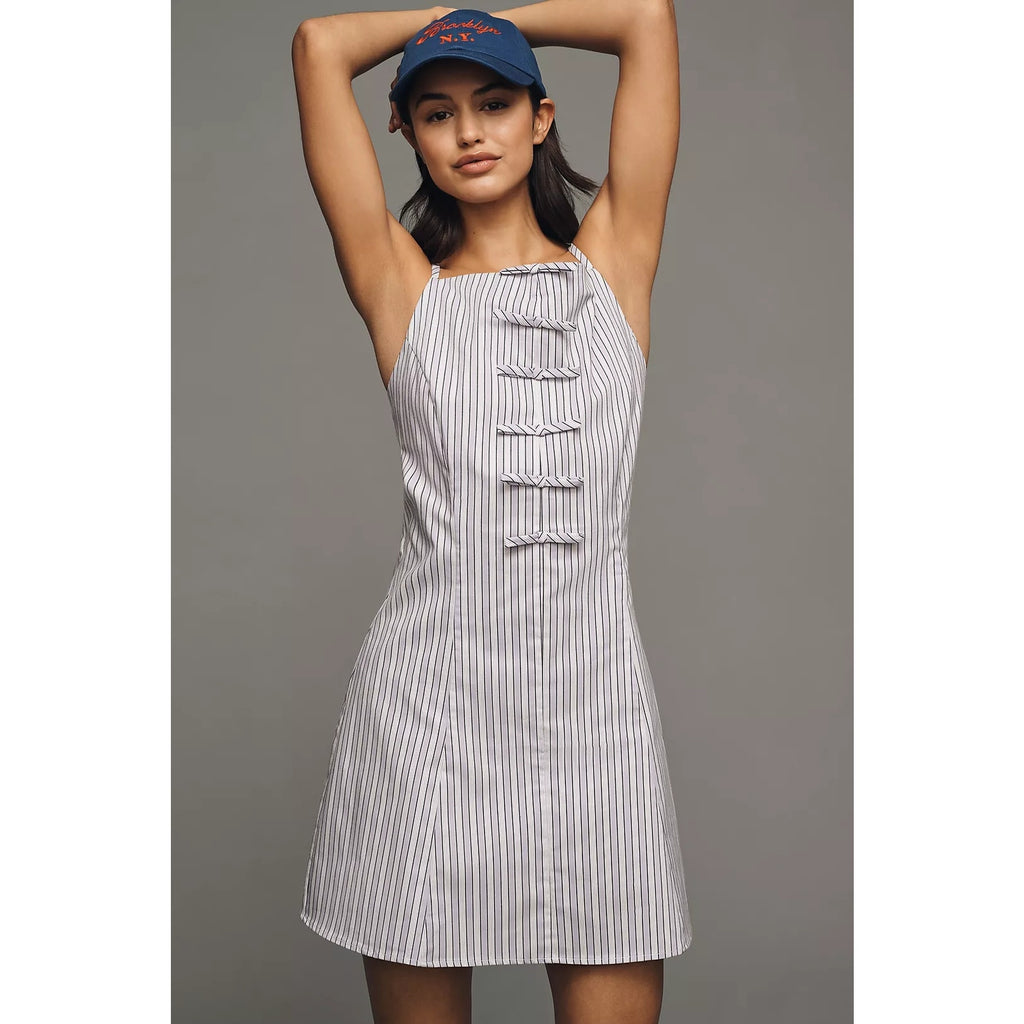 Anthropologie Exquise High-Neck Bow Mini Dress SMALL Lavender Striped Anthropologie