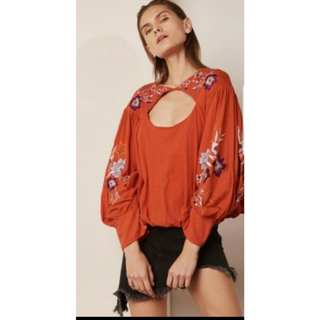 NEW Free People $128 Red Lita Floral Embroidered Bell Long Sleeve Top Sz S Boho