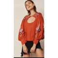 NEW Free People $128 Red Lita Floral Embroidered Bell Long Sleeve Top Sz S Boho