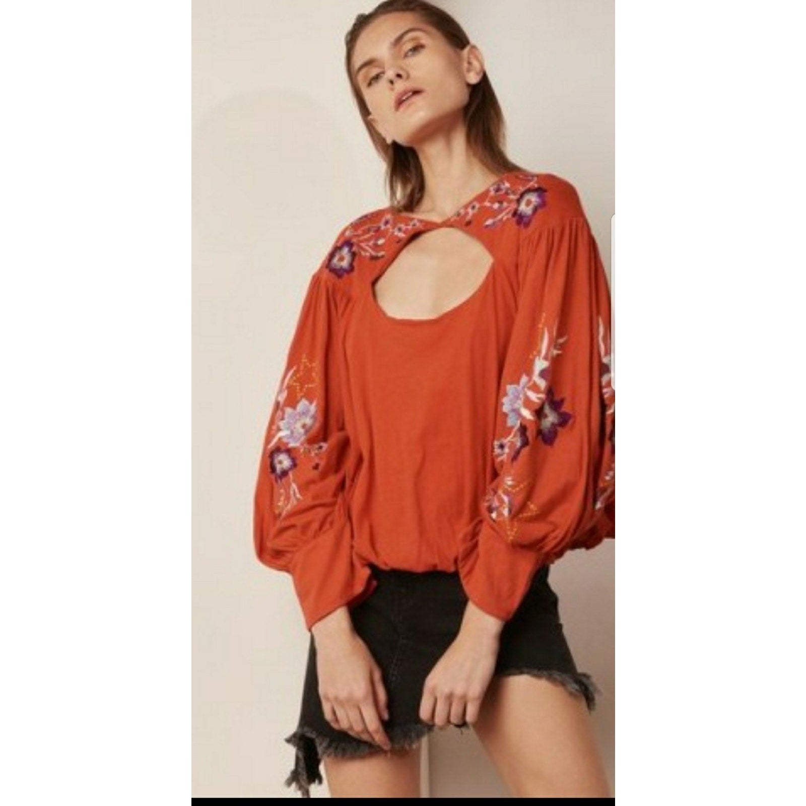 NEW Free People $128 Red Lita Floral Embroidered Bell Long Sleeve Top Sz S Boho