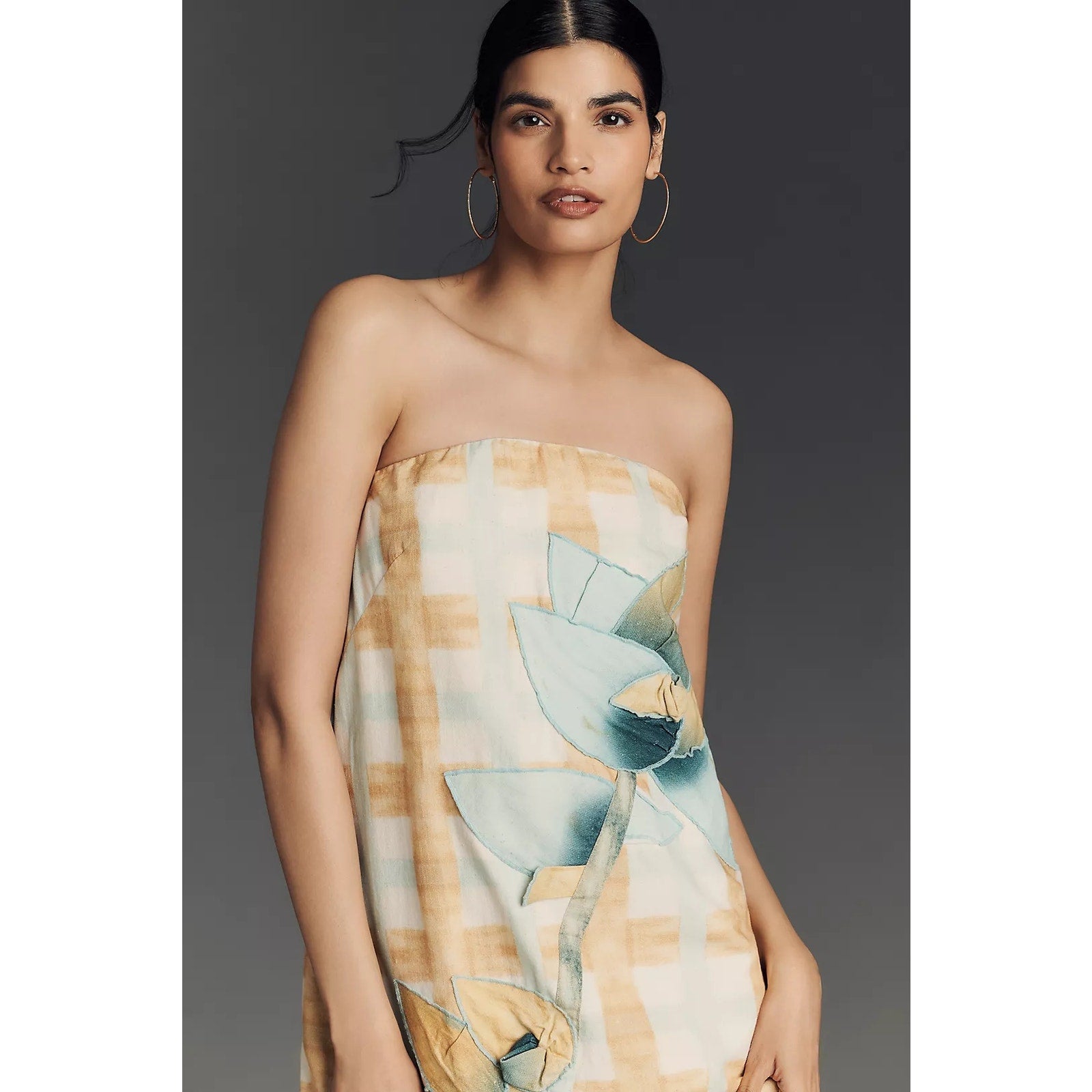 Anthropologie Strapless Cotton Linen Dress LARGE Blue/Yellow Applique Anthropologie