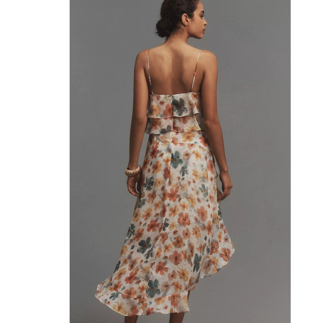 New By Anthropologie Sleeveless Asymmetric Ruffled Midi Dress $168 XS Floral