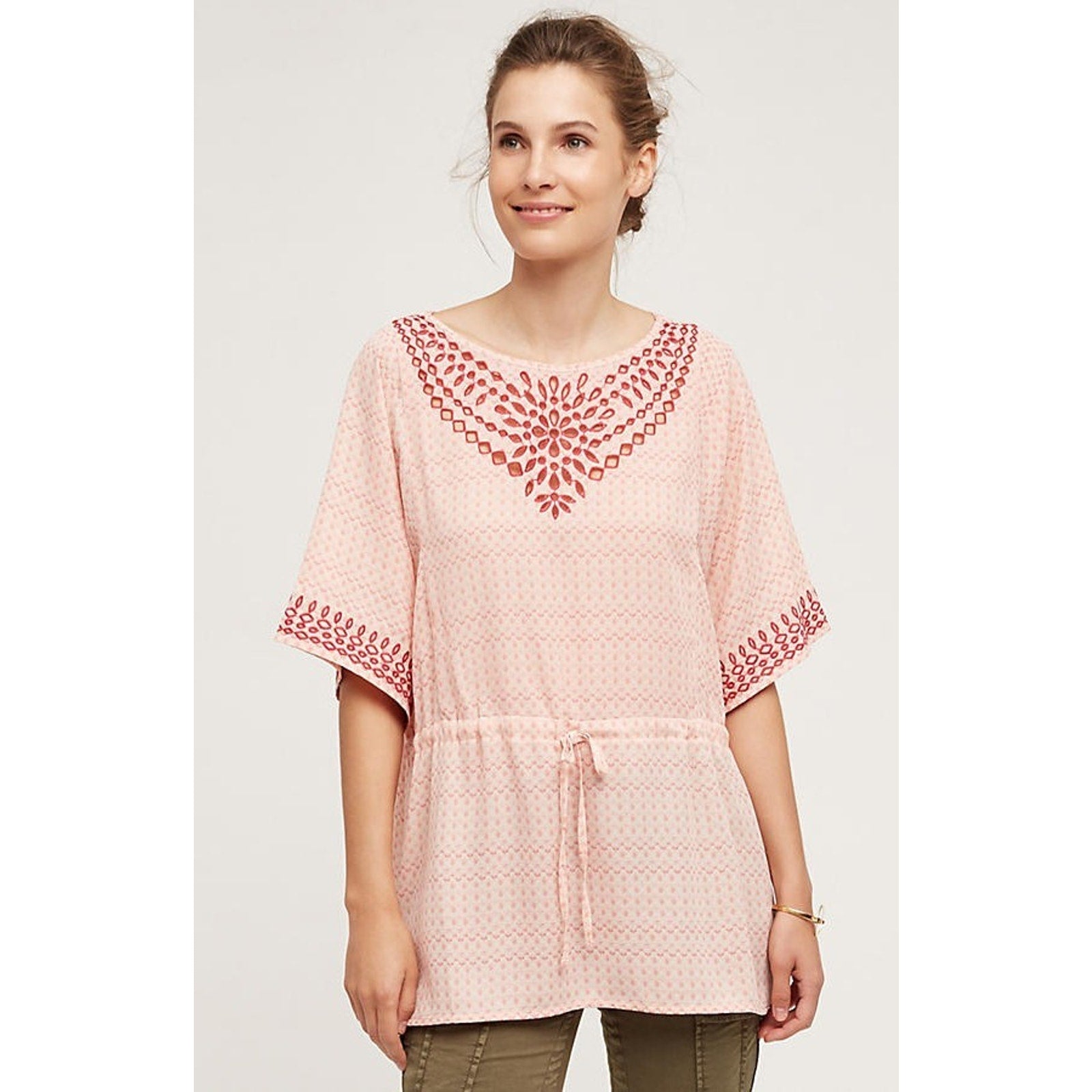 NEW Anthropologie $128 One September Women's Pink Euphemia Peasant Top Size XS