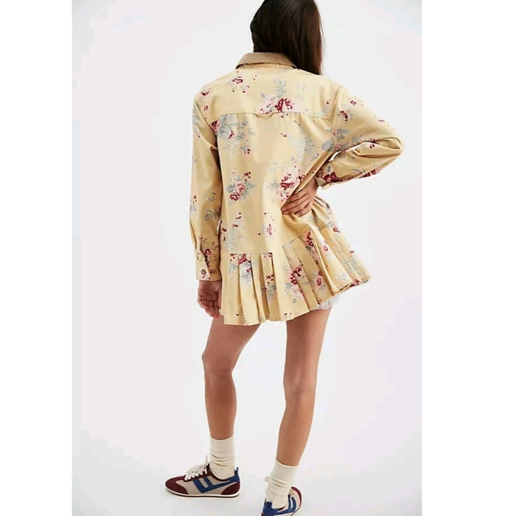 New Free People Connor Floral Printed Mini Dress $168 X-SMALL Yellow Boho Button