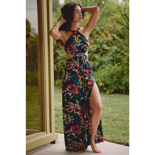 ANTHROPOLOGIE Celandine Marambia Cutout Maxi Dress LARGE Black Multi Anthropologie